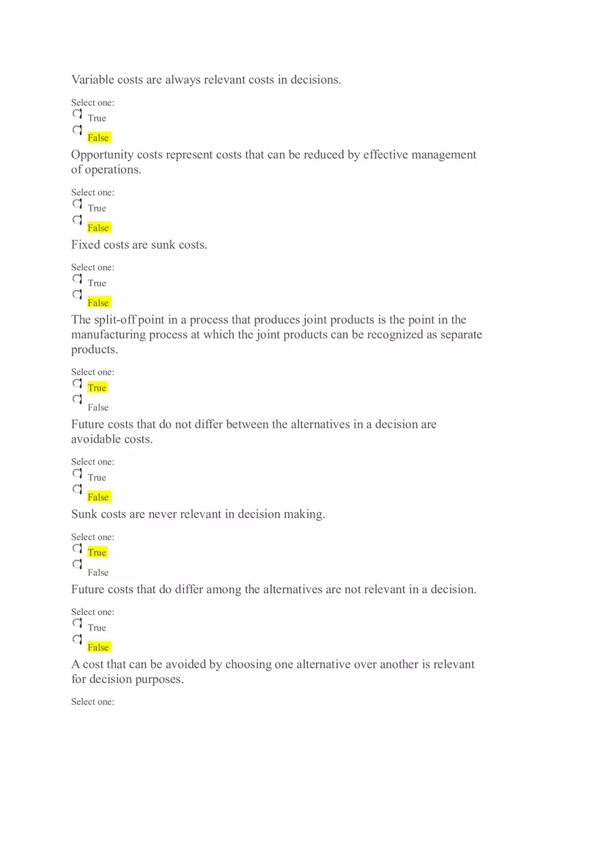 Decision-Making in Managerial Accounting (T or F) - Page 1