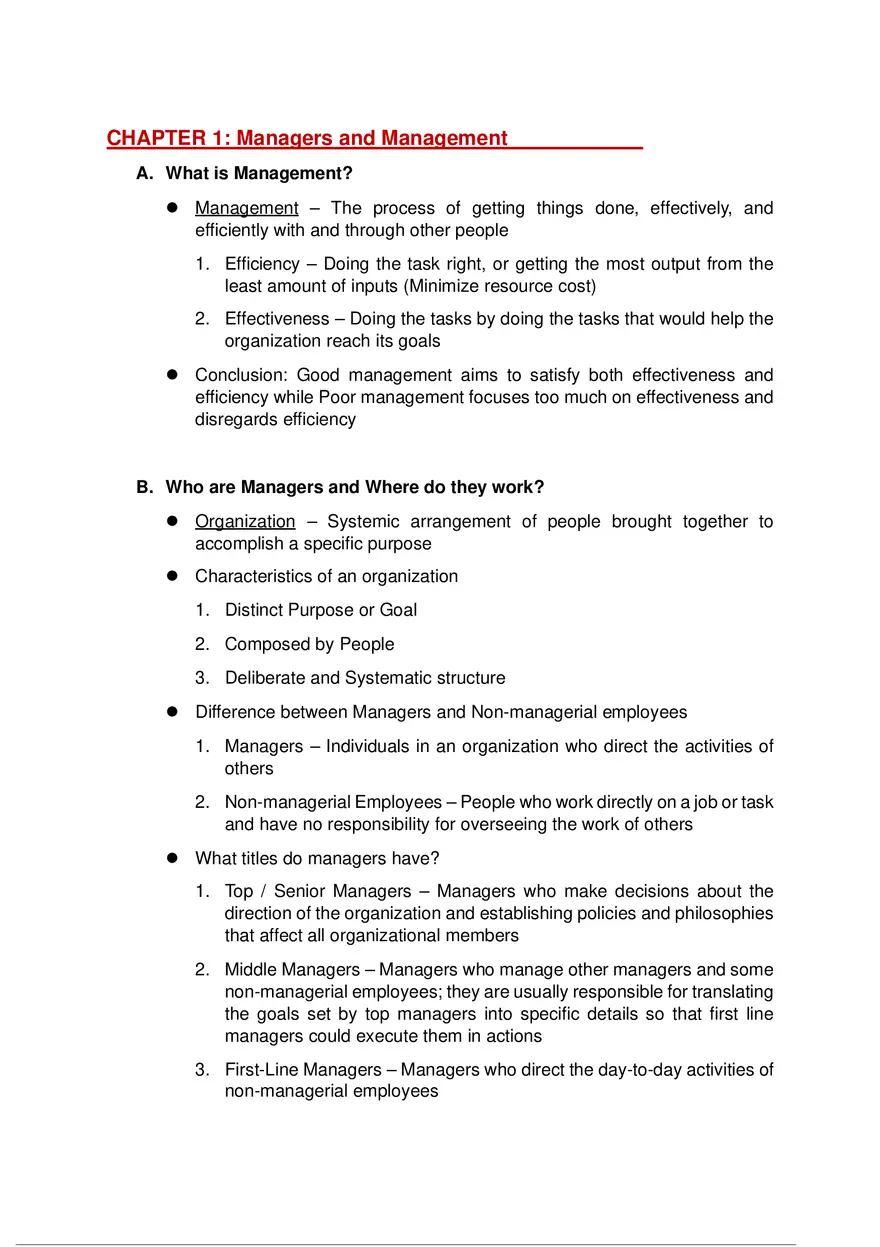 Introduction to Management Notes First Chapter - Page 1
