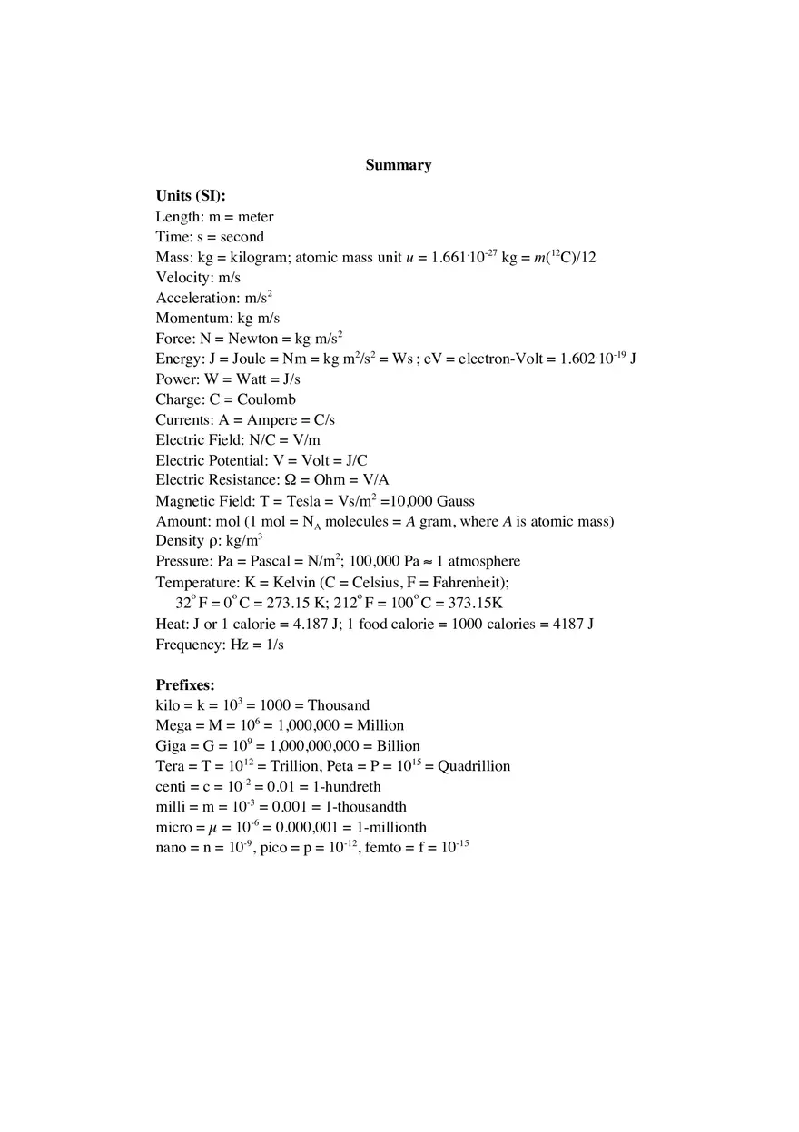 Conceptual Physics Summary of Formula Sheet - Page 1