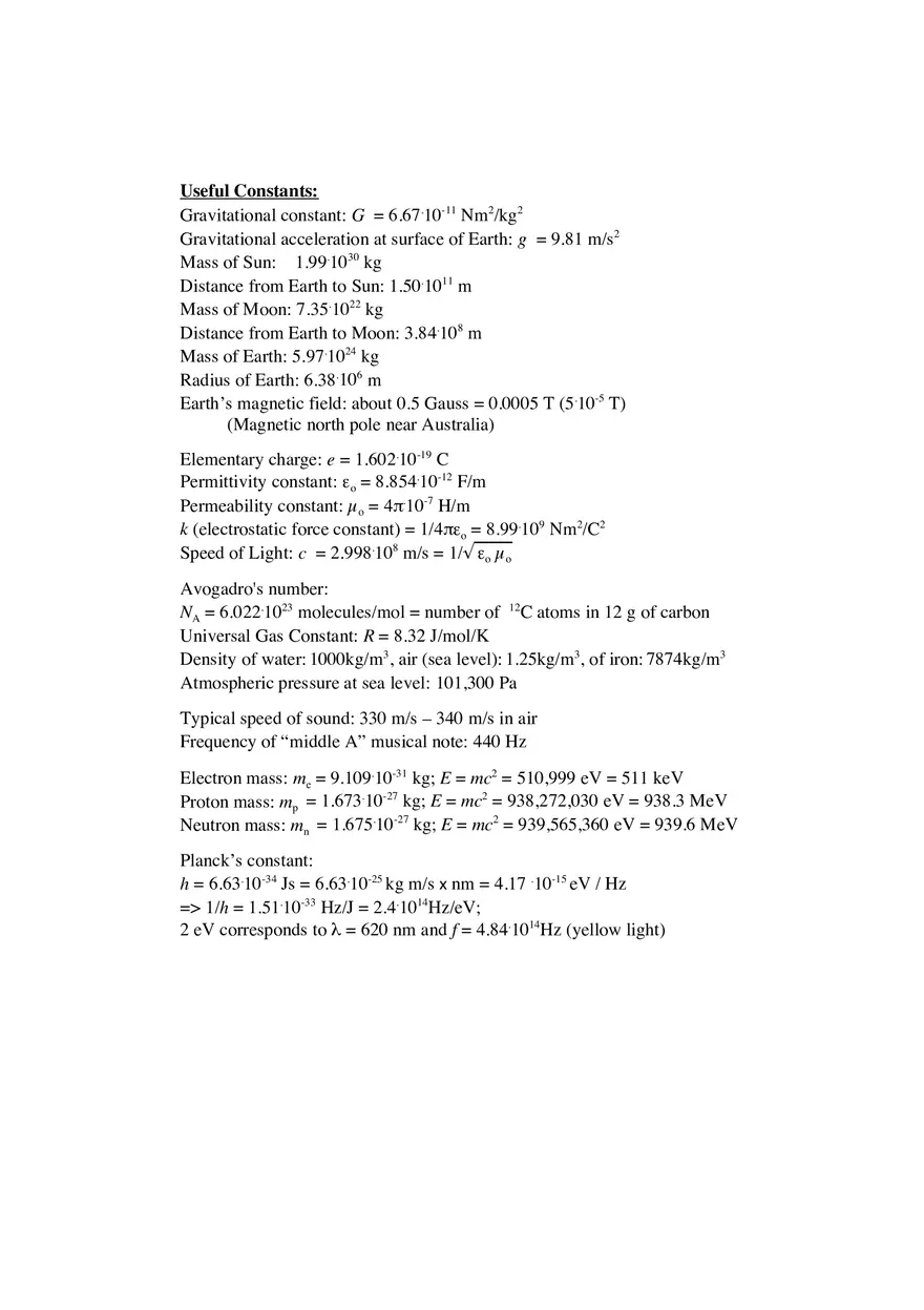 Conceptual Physics Summary of Formula Sheet - Page 2