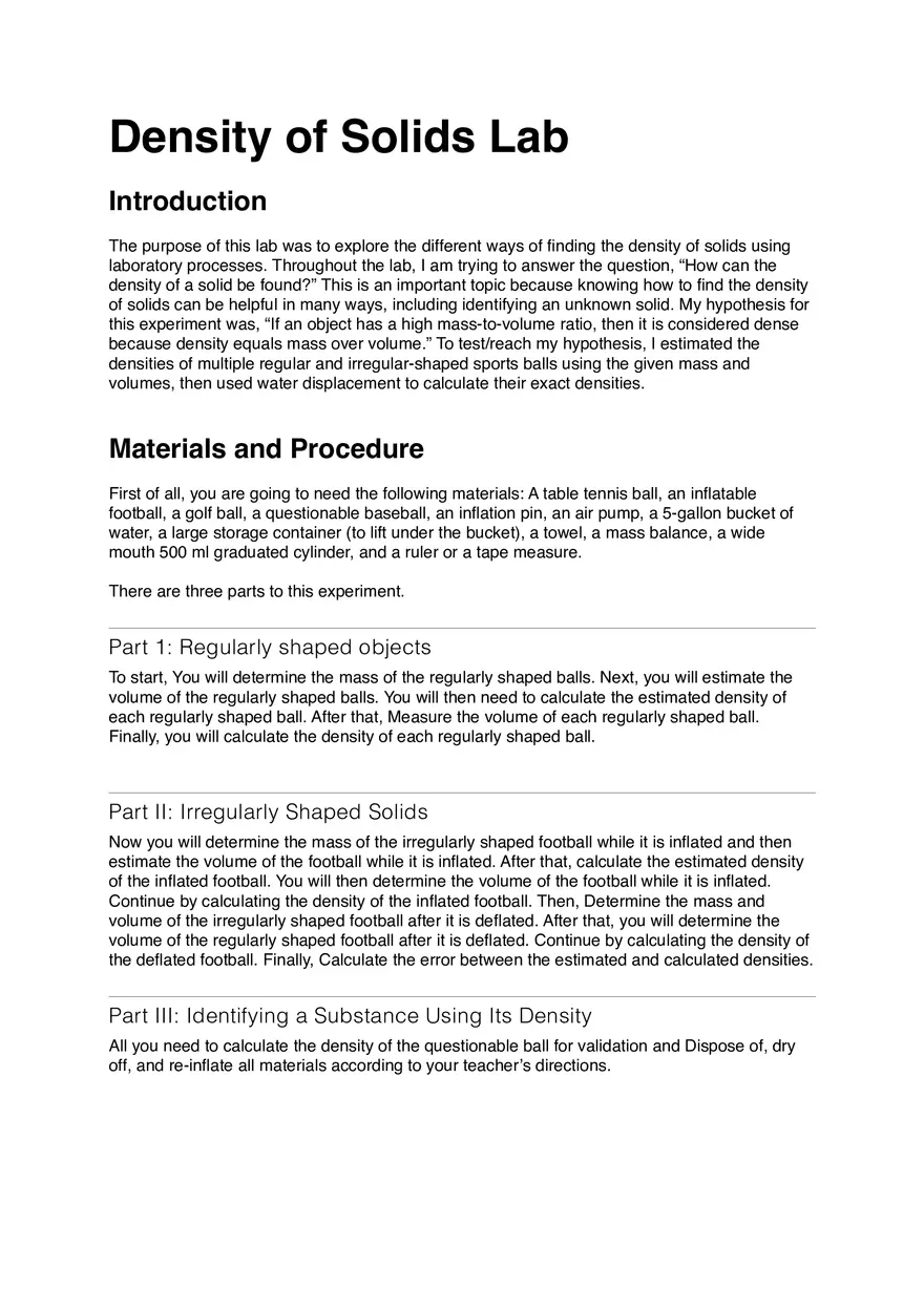 Density of Solids (Lab Report) - Page 1