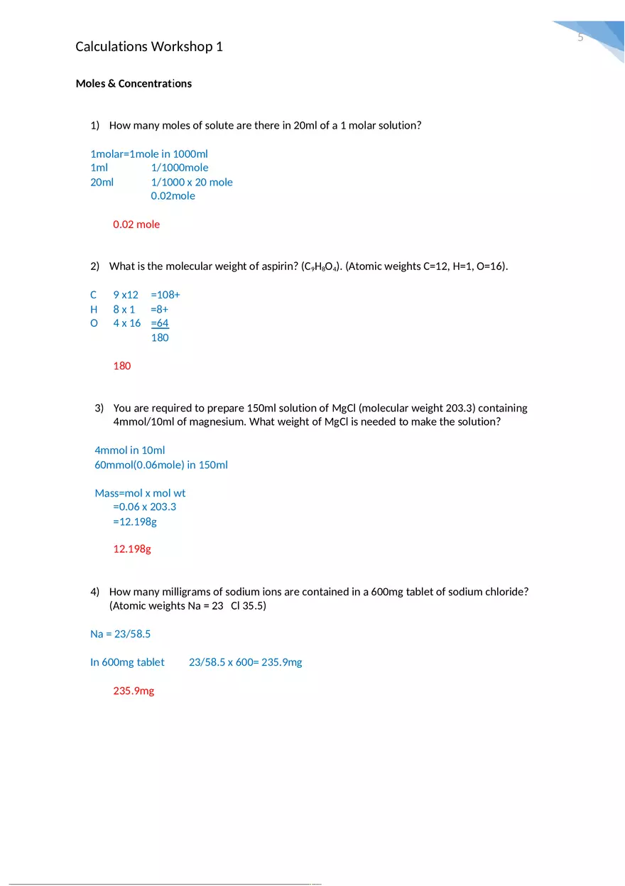 Calculations Workshop 1 Worked Answers - Page 1