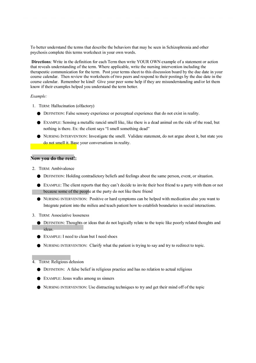 Terms in Schizophrenia Worksheet - Page 1