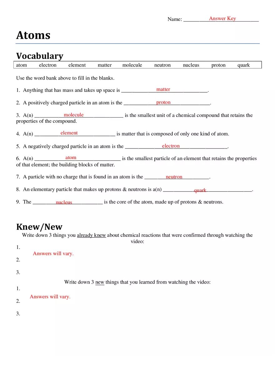Atoms - Exam of Chemistry - Page 1