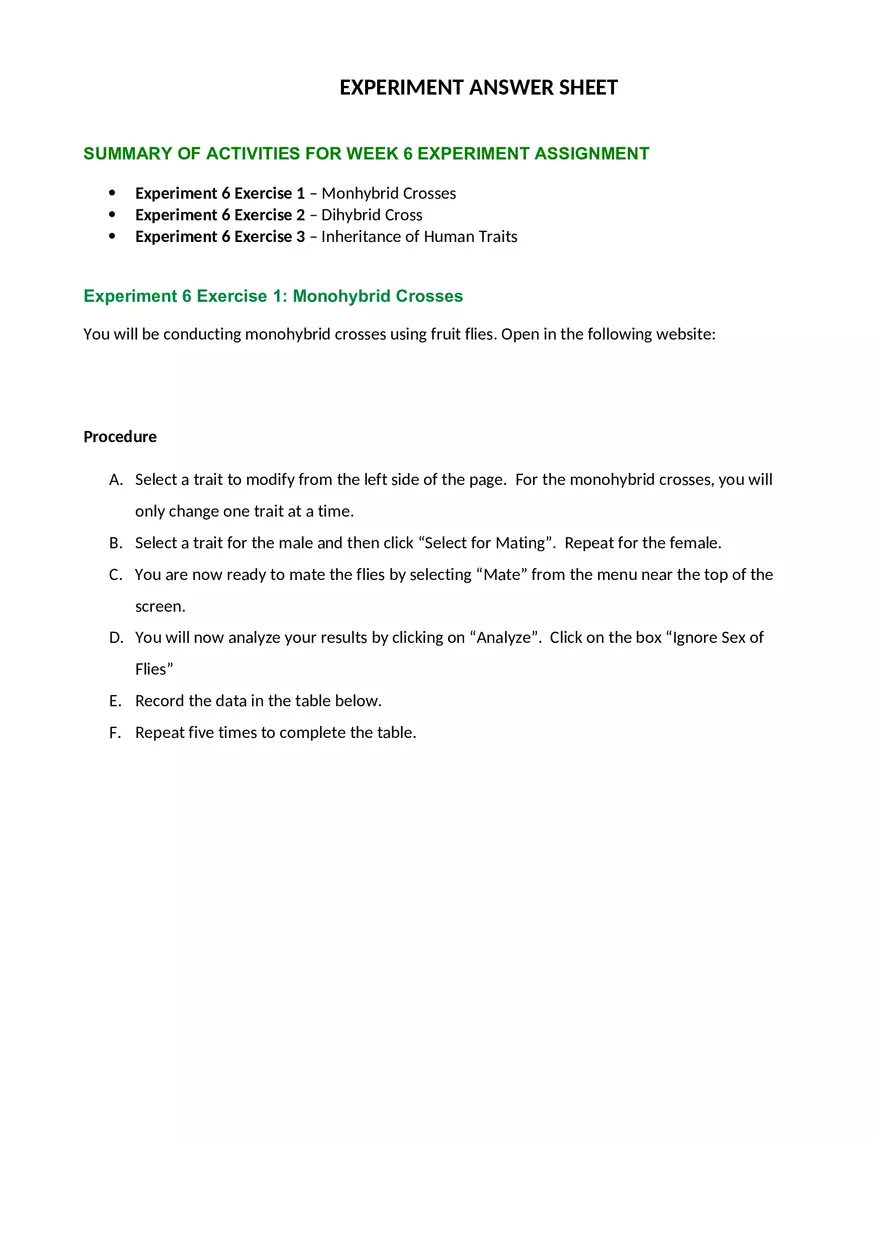 Experiment Answer Sheet - Page 1