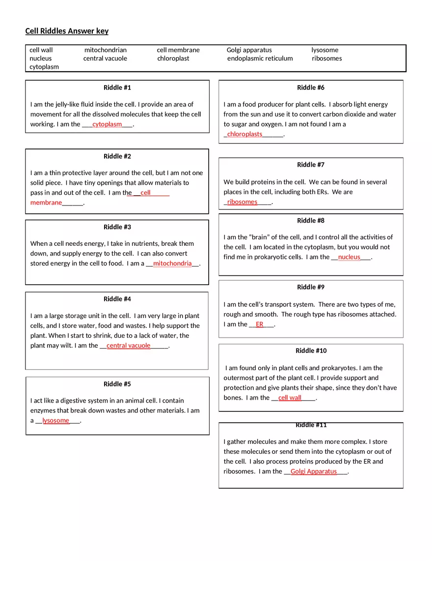 Cell Riddles Answer Key - Page 1