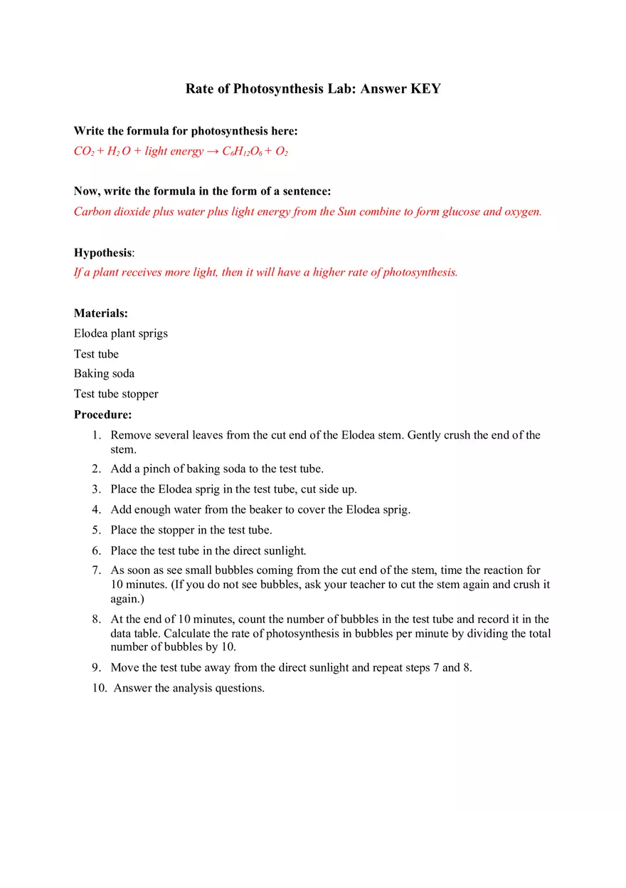 Rate of Photosynthesis Lab Key Answers - Page 1