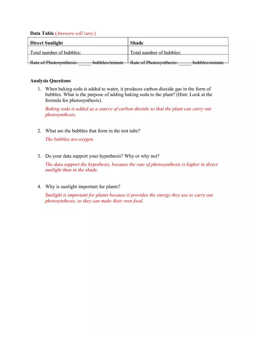 Rate of Photosynthesis Lab Key Answers - Page 2