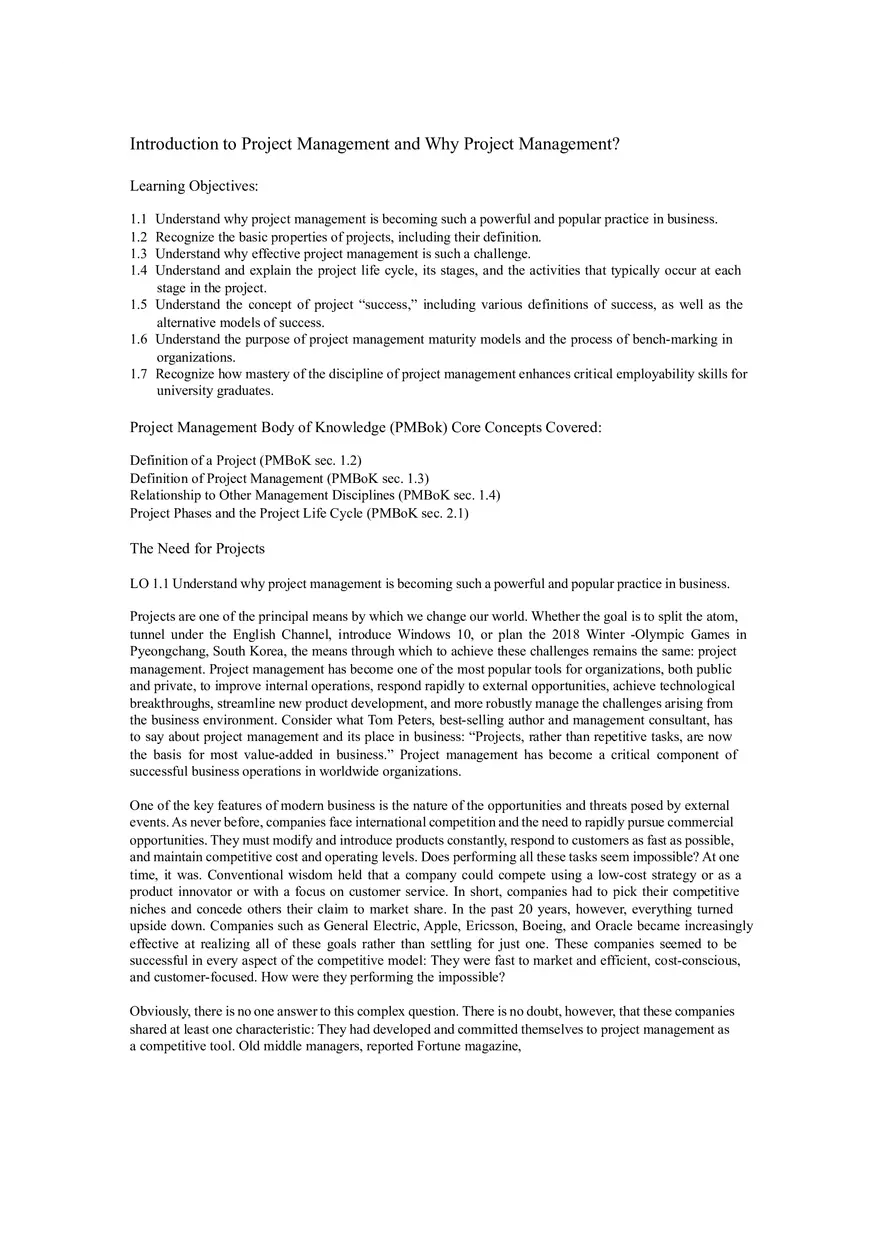Lecture Notes - Introduction to Project Management and Why Project Management - Page 1
