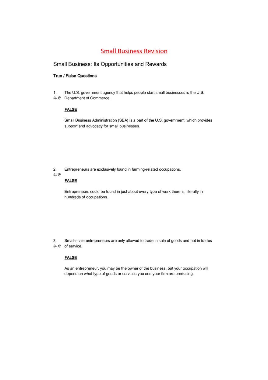 Small Business Its Opportunities and Rewards (Answer Key) Part 1 - Page 1