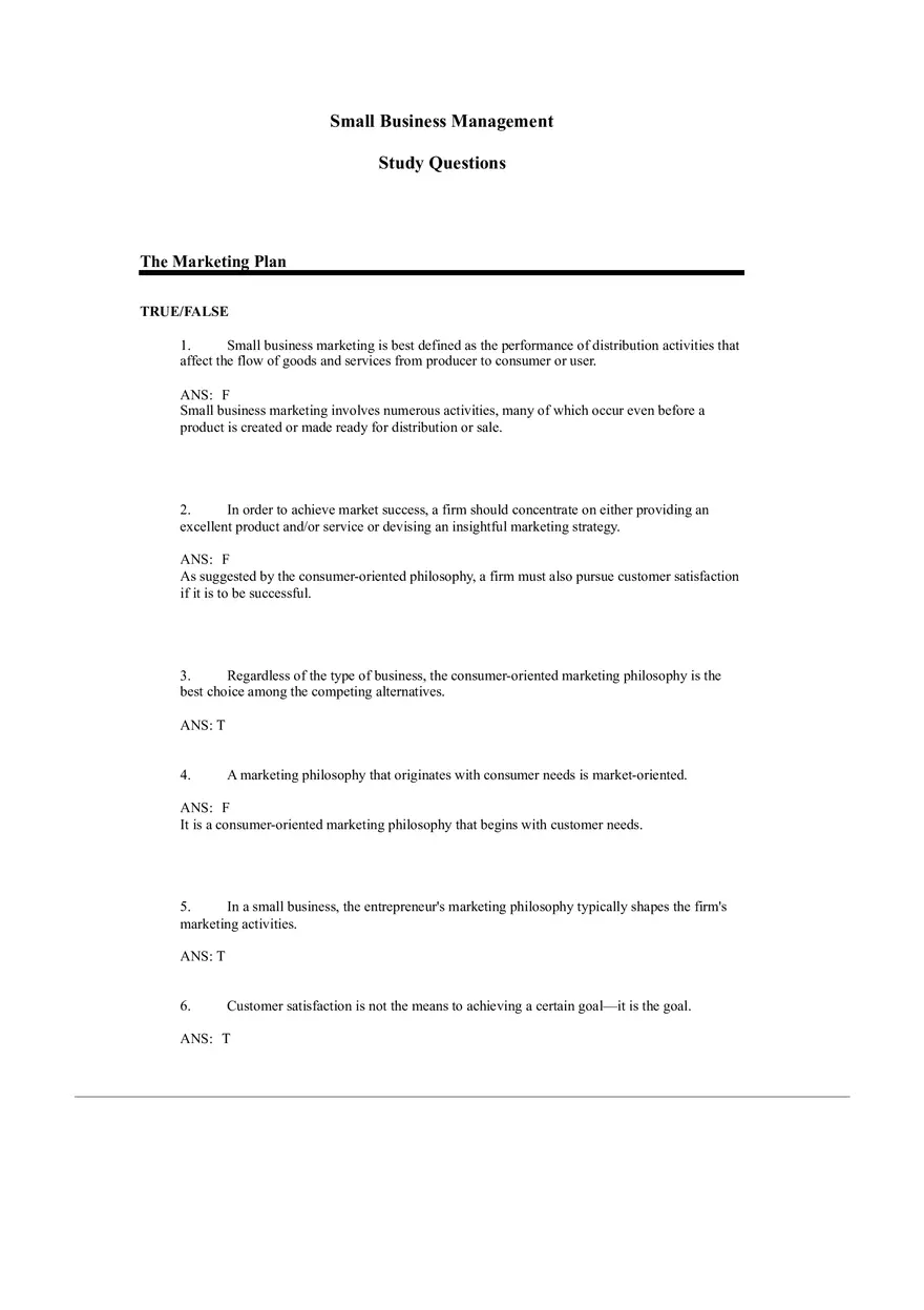 Small Business Management Study Questions - The Marketing Plan - Page 1