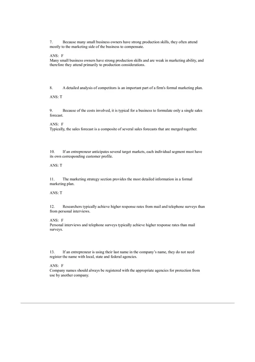 Small Business Management Study Questions - The Marketing Plan - Page 2