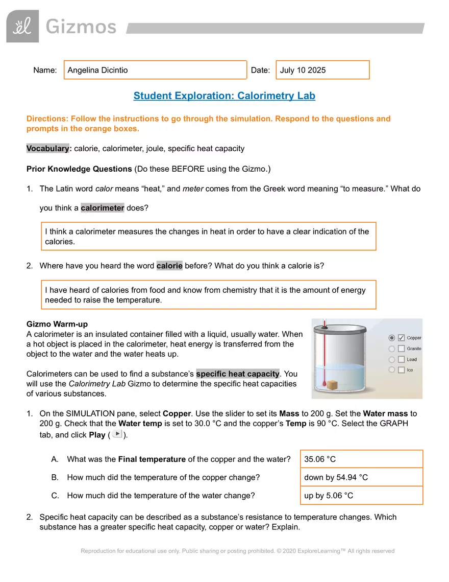 Student Exploration: Calorimetry Lab - Page 1
