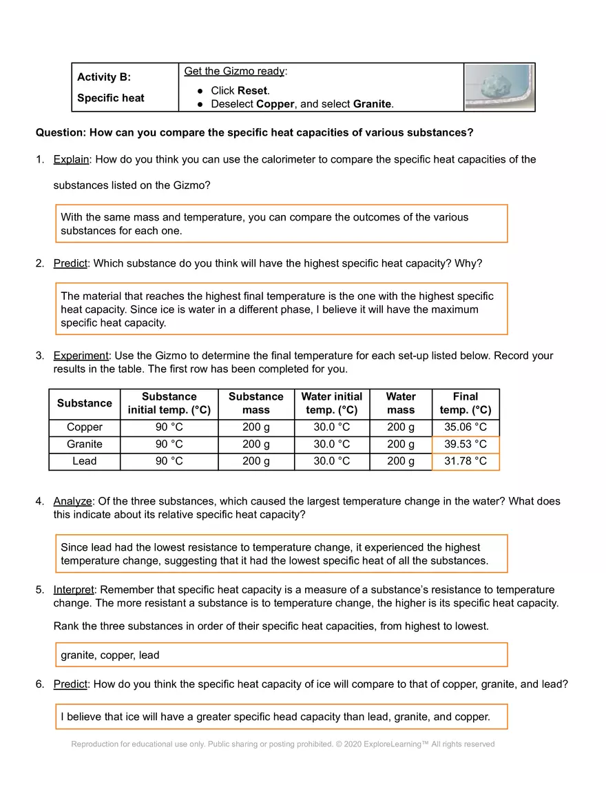 Student Exploration: Calorimetry Lab - Page 6