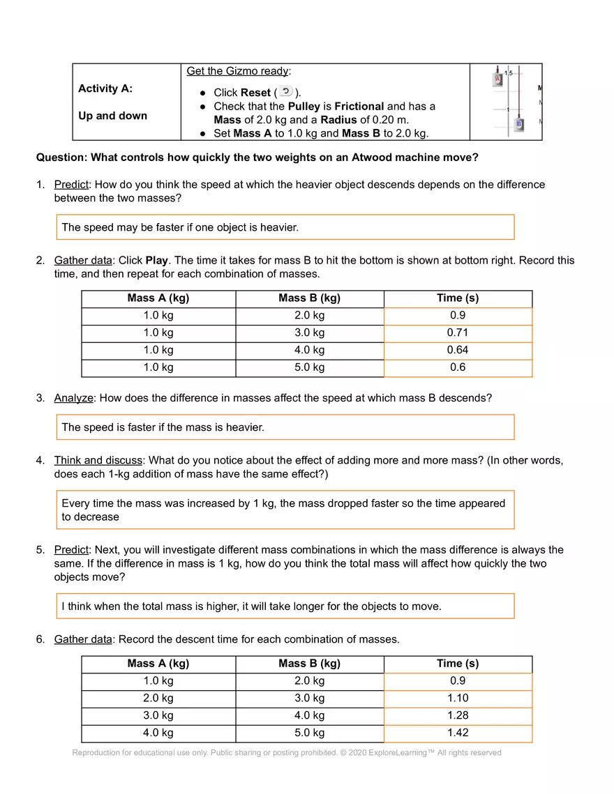 Student Exploration: Atwood Machine - Page 2