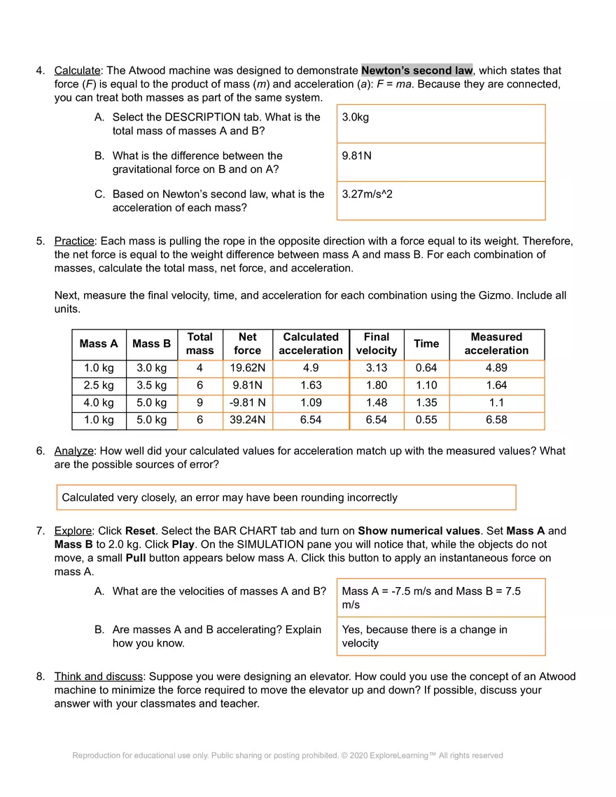 Student Exploration: Atwood Machine - Page 5
