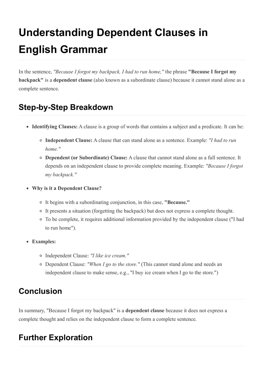 Understanding Dependent Clauses in English Grammar - Page 1