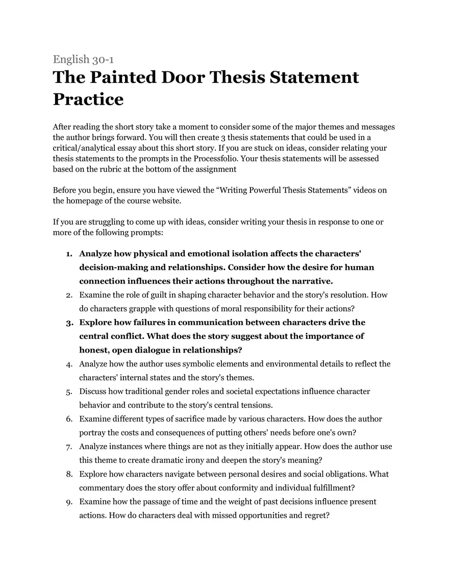 The Painted Door Thesis Statement Practice - Page 1