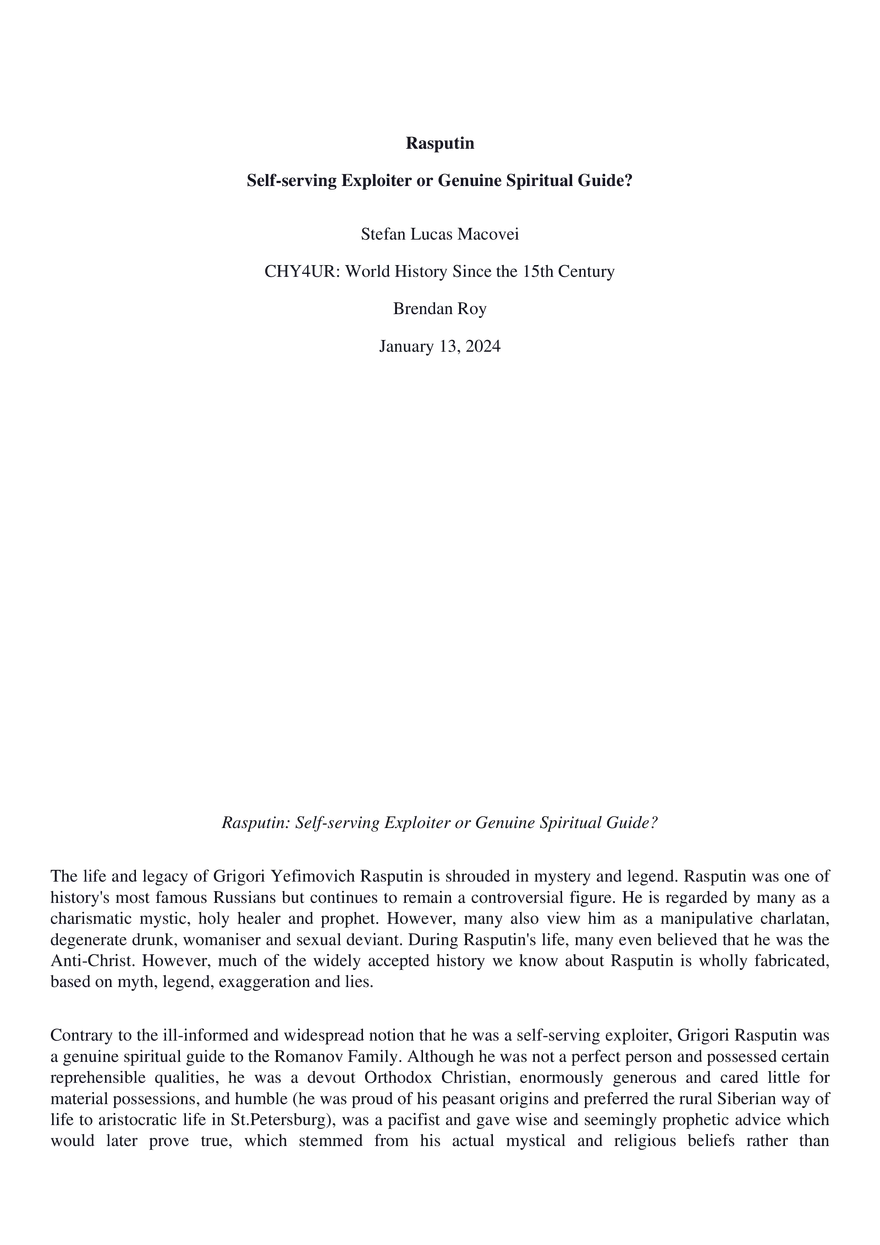 Rasputin - Self-Serving Exploiter or Genuine Spiritual Guide? - Page 1