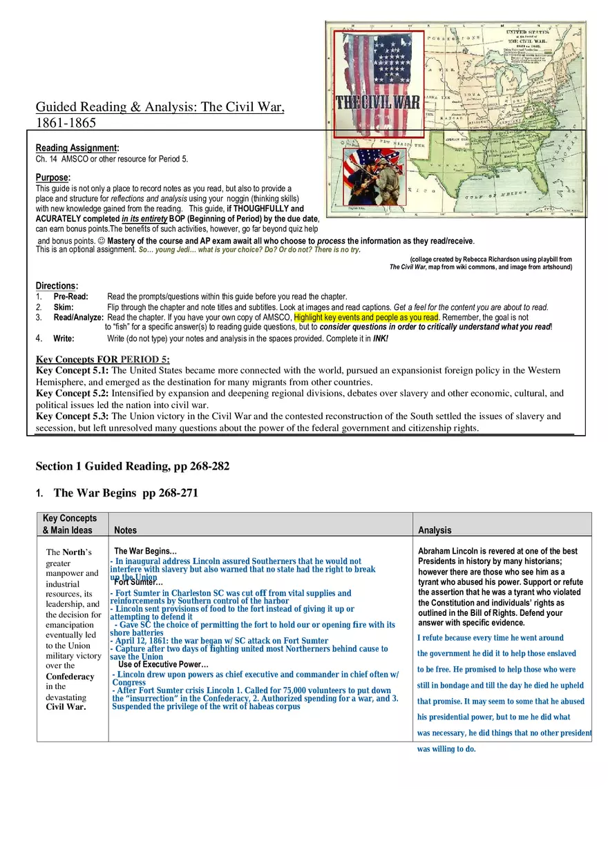 Guided Reading and Analysis The Civil War 1861-1865 - Page 1
