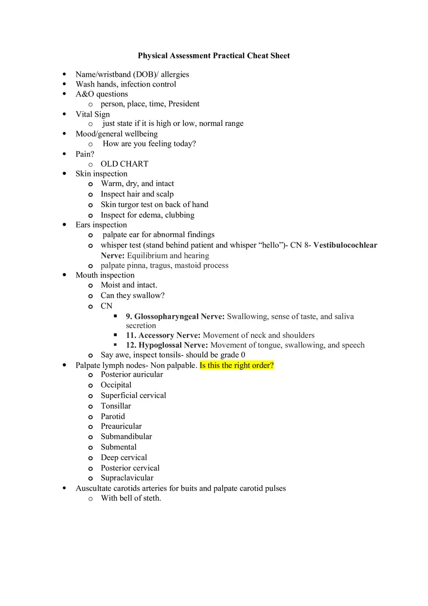Physical Assessment Cheat Sheet - Page 1