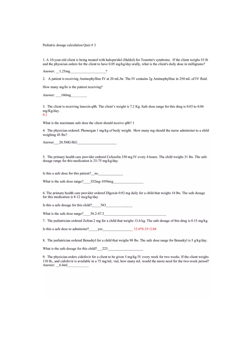 Pediatric Dosage Calculation Quiz 3 - Page 1