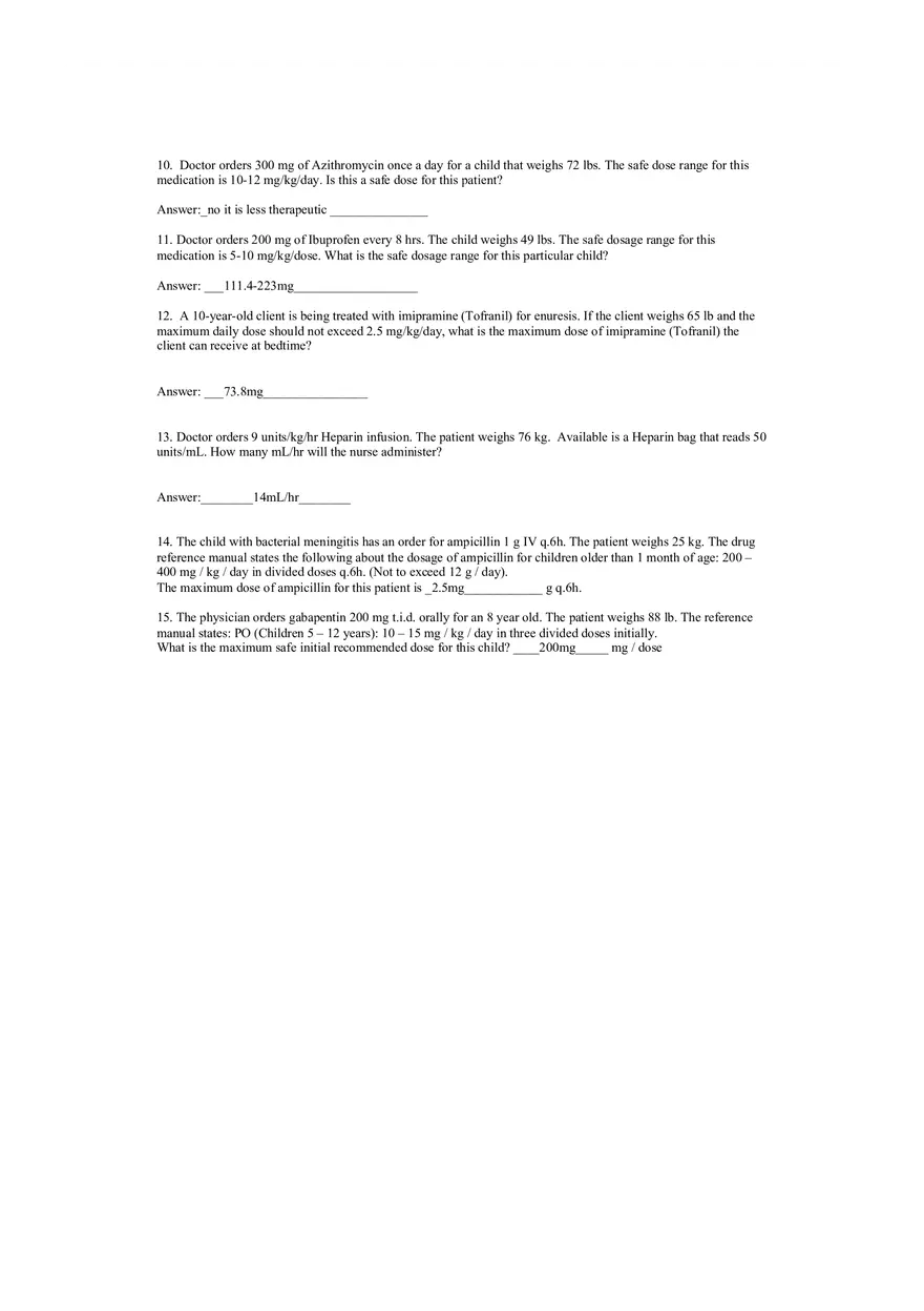 Pediatric Dosage Calculation Quiz 3 - Page 2