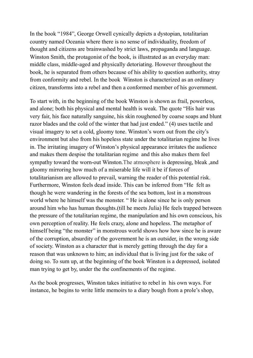 Essay Winston 1984 Character Analysis (Orwell's Book) - Page 1