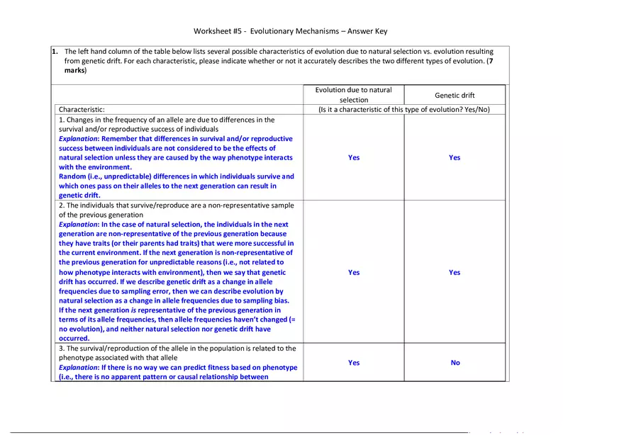 Worksheet - Evolutionary Mechanisms Answer Key - Page 1