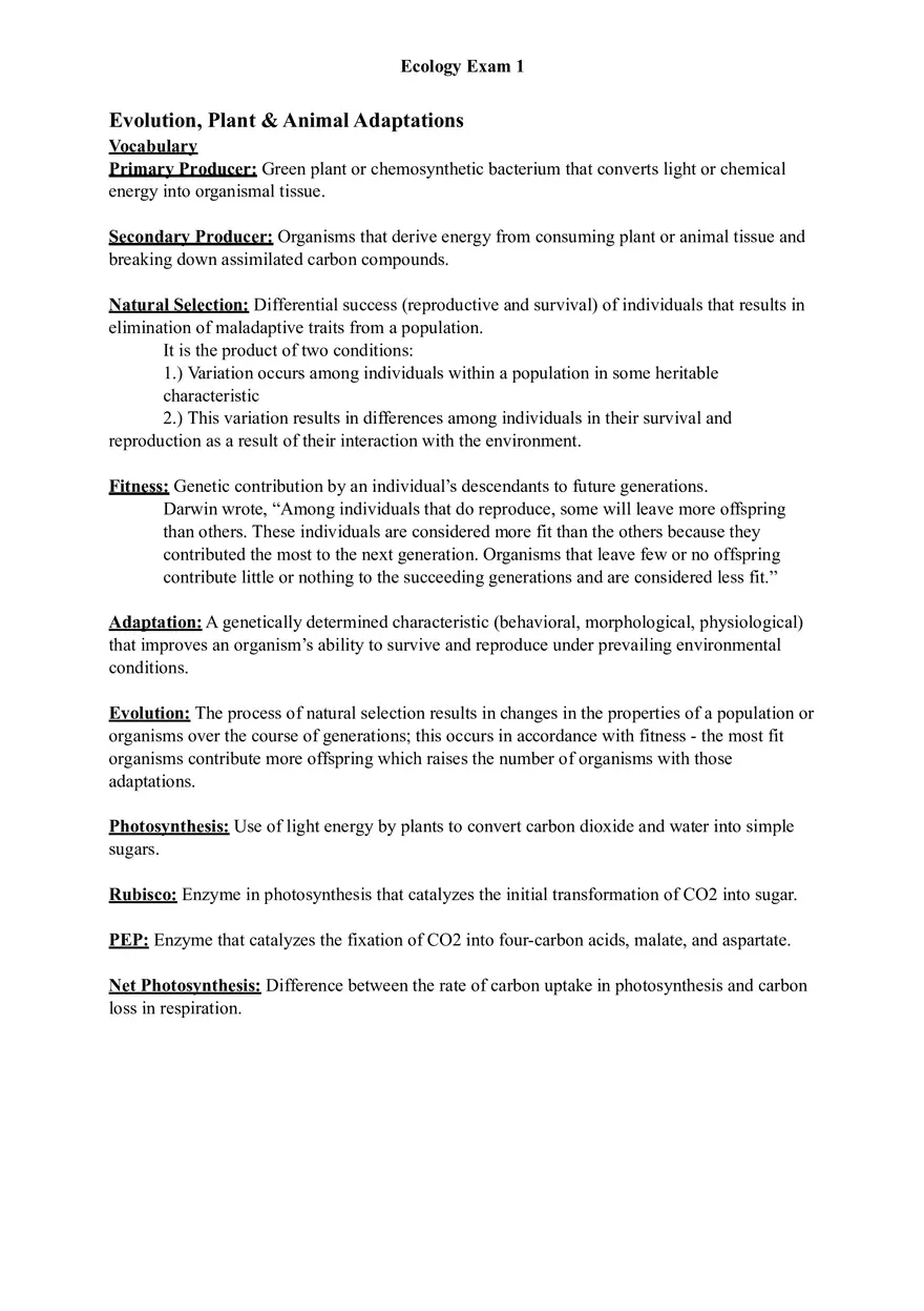Ecology Study Guide for Exam Part 2 - Page 1