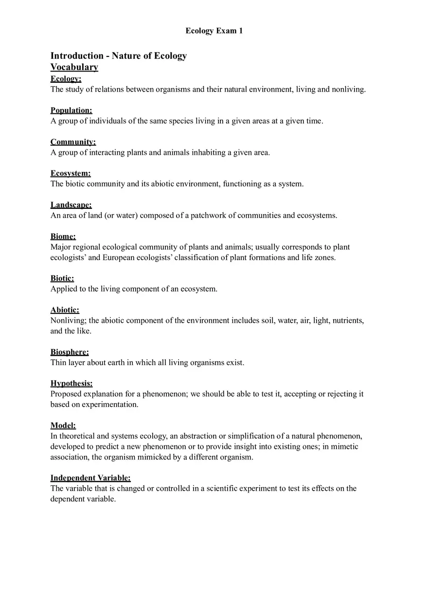 Ecology Study Guide for Exam Part 1 - Page 1
