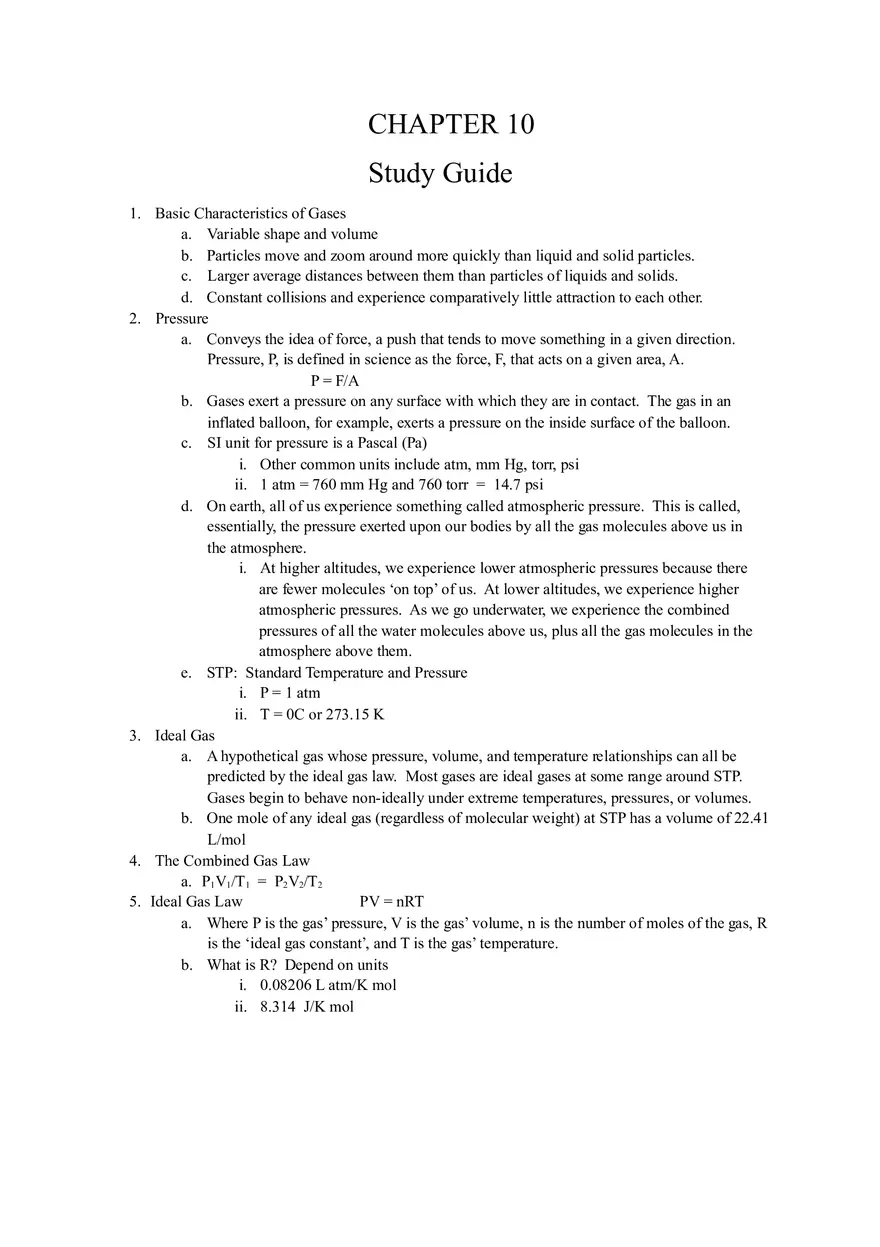 Basic Characteristics of Gases Study Guide - Page 1