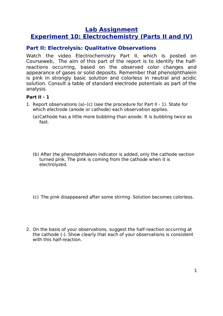 Lab Electrochemistry (Parts II and IV) - Page 1