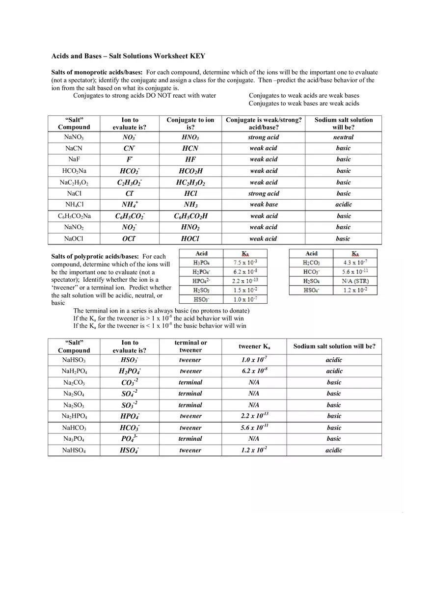 Acid Base Salts Solutions Key - Page 1