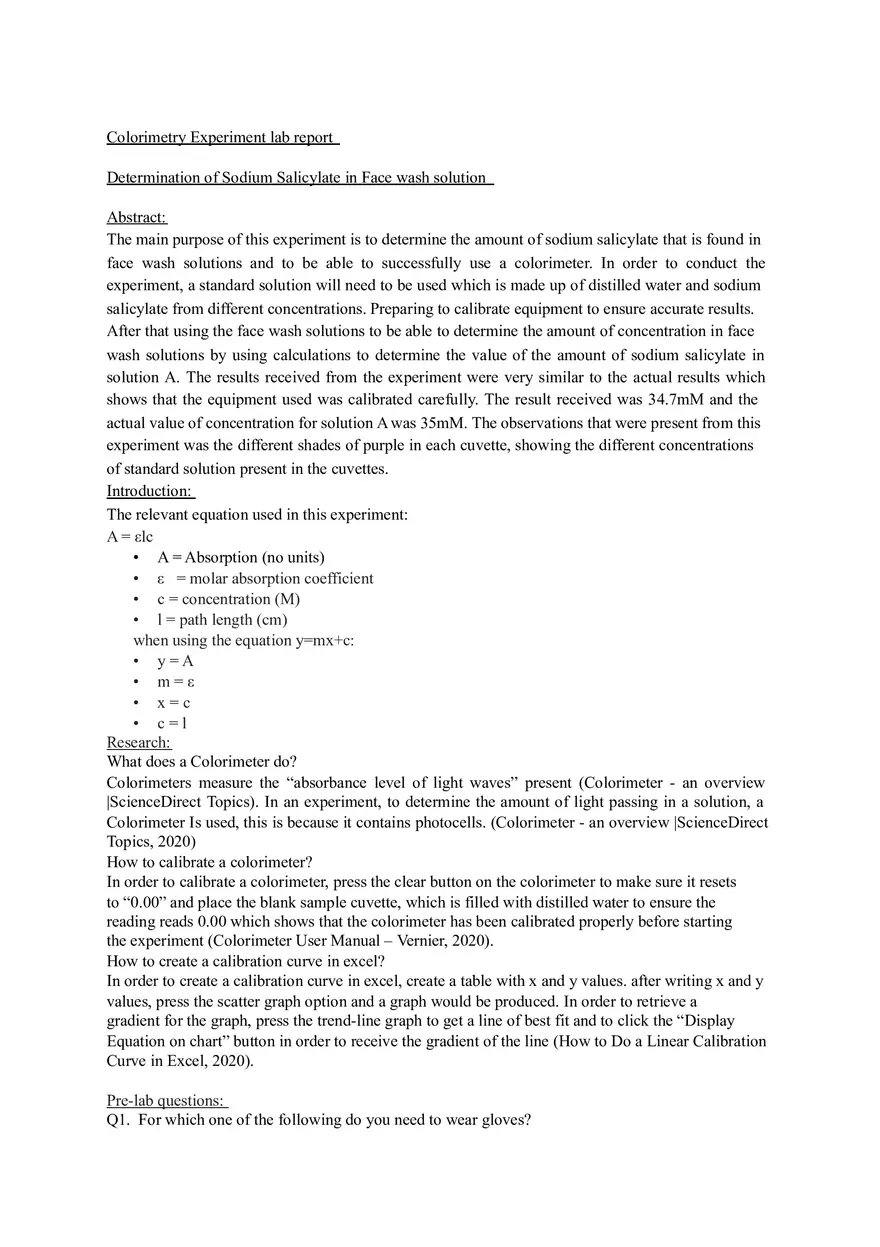 Determination of Sodium Salicylate in Face Wash Solution Lab Report - Page 1