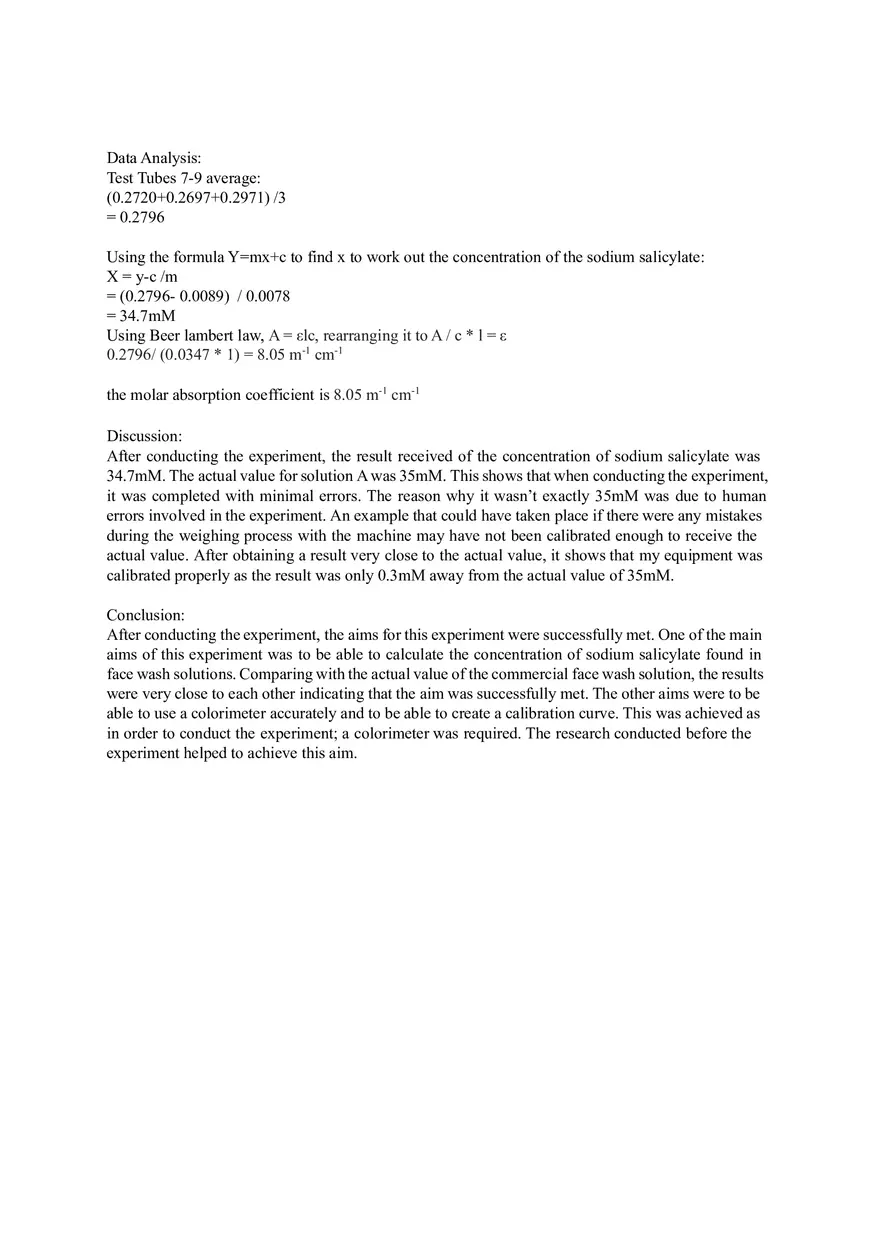 Determination of Sodium Salicylate in Face Wash Solution Lab Report - Page 5