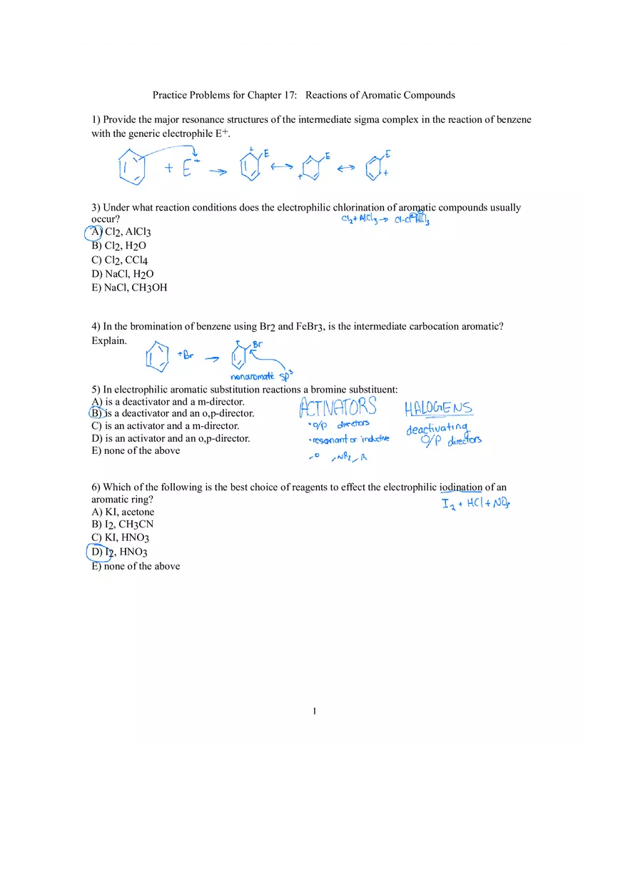 Reactions of Aromatic Compounds Answer Key - Page 1