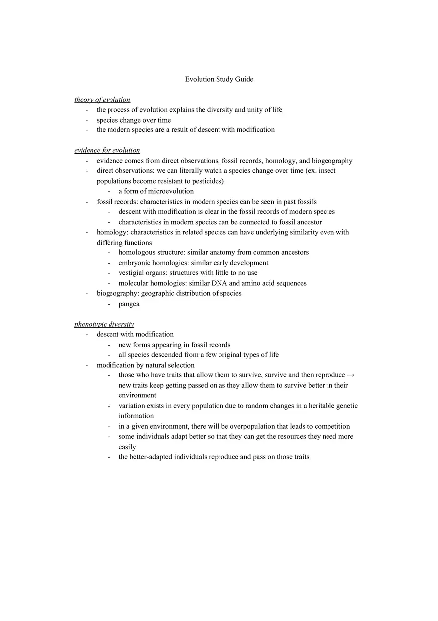 Evidence for Evolution Study Guide - Page 1