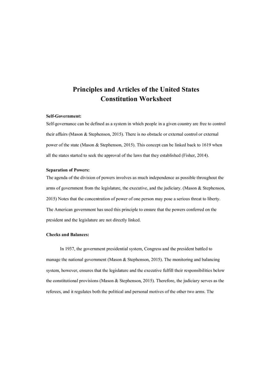 Principles and Articles of the United States Constitution Worksheet - Page 1