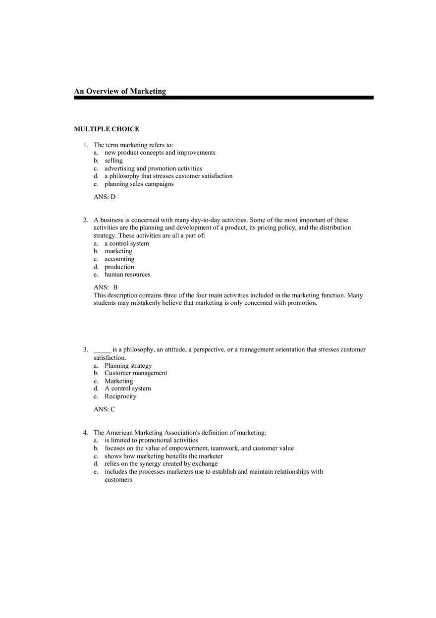 An Overview of Marketing Chapters 1-2 Answer Key - Page 1
