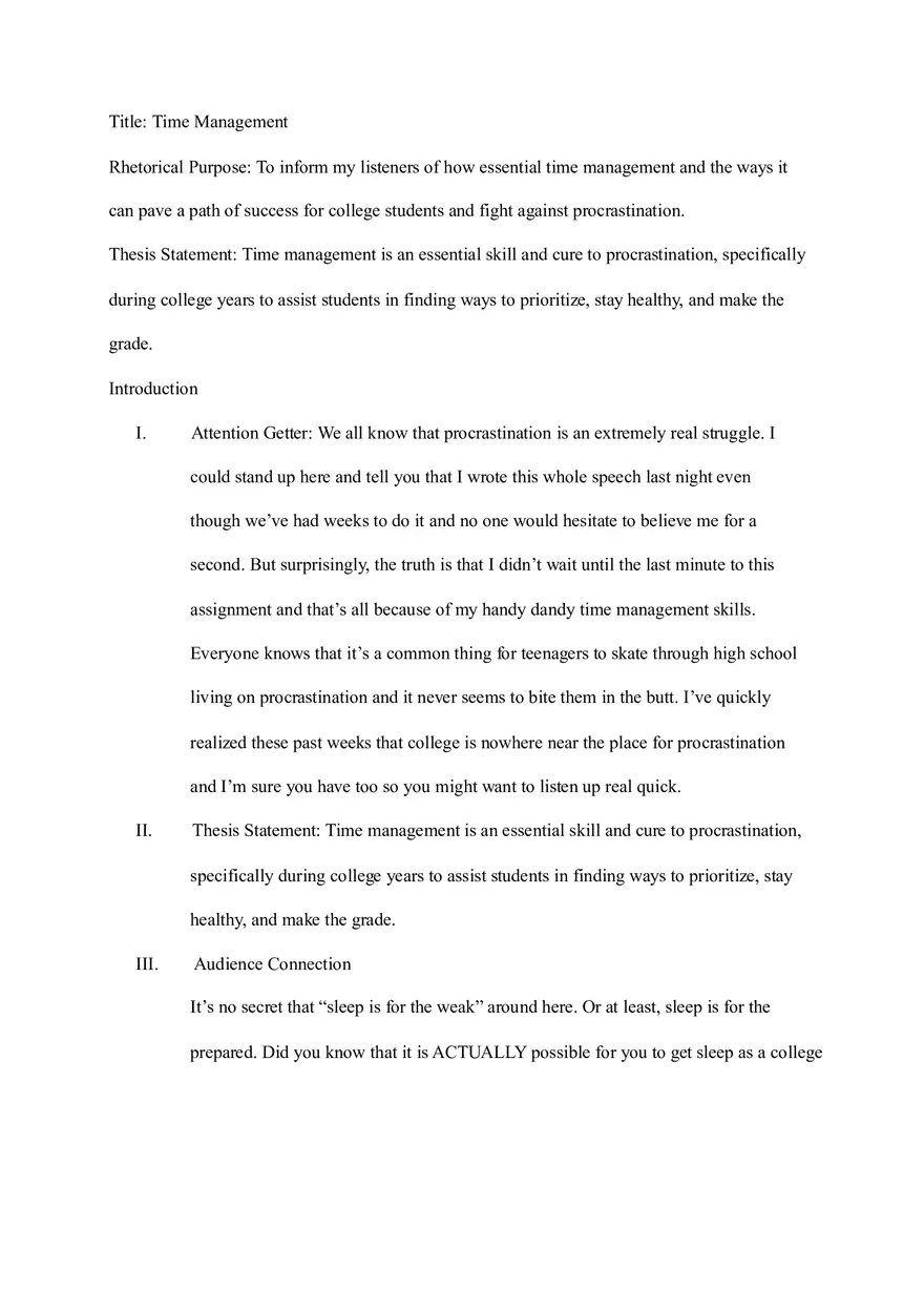 Time Management Speech Outline - Page 1