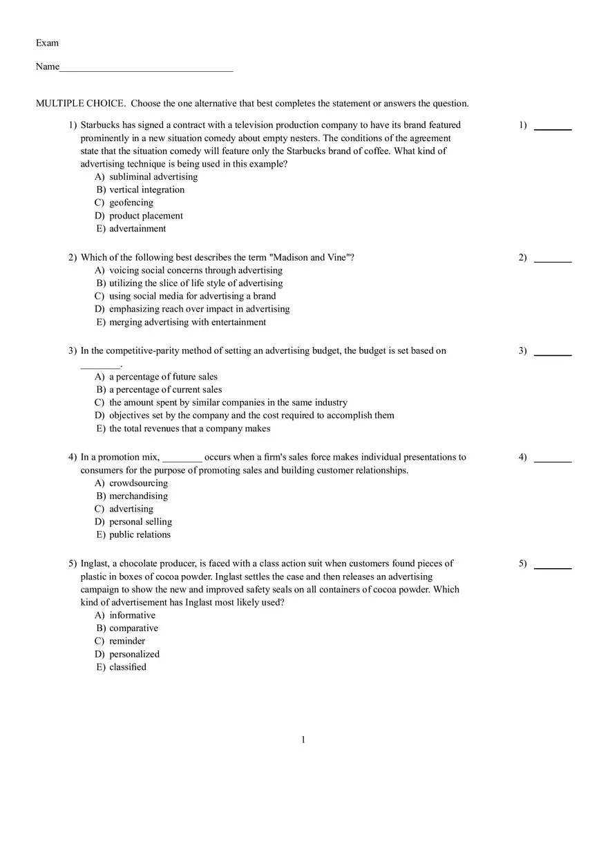Introduction to Marketing Chapter 12 Test Bank - Page 1