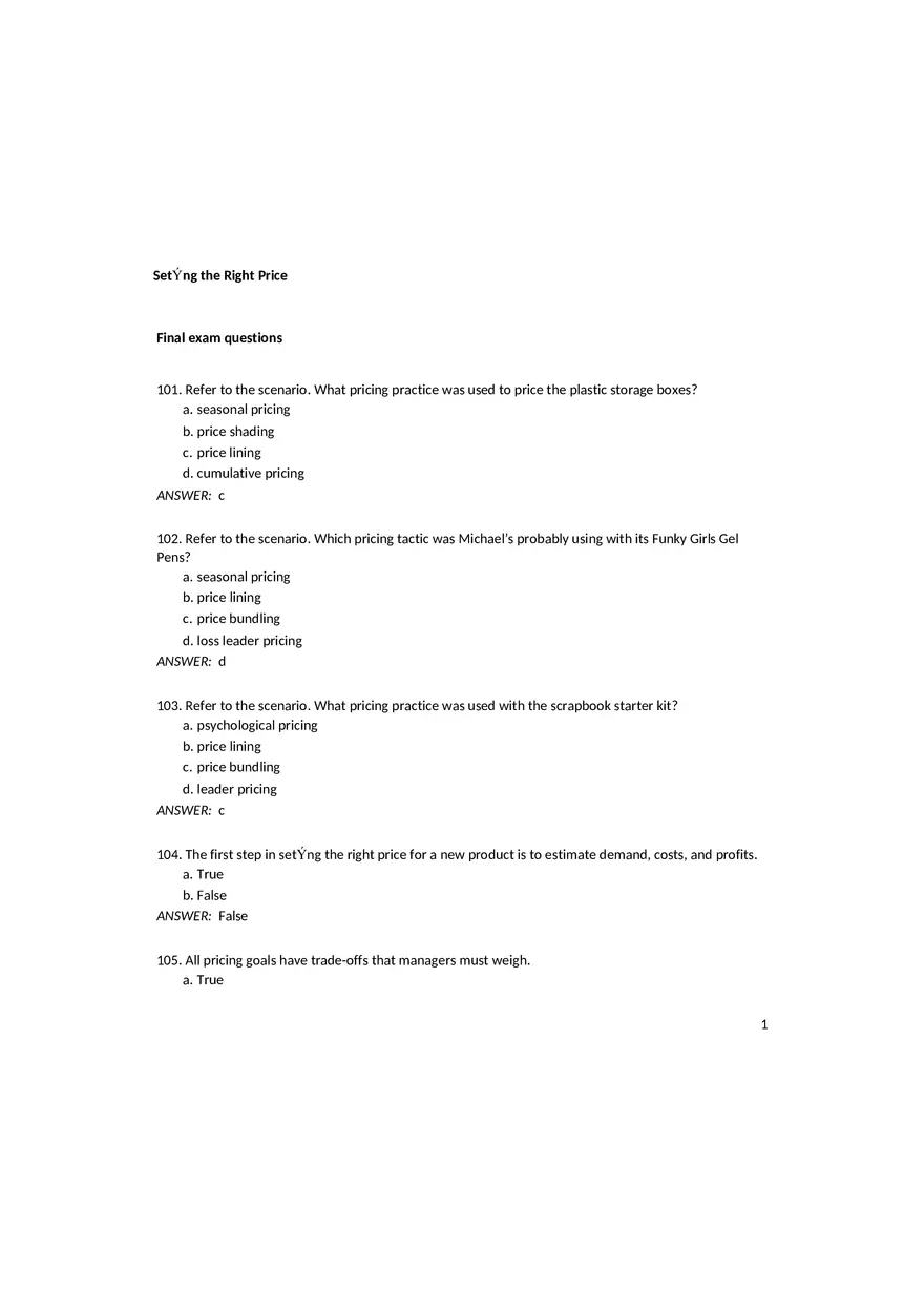 Setting the Right Price Answer Key - Page 1