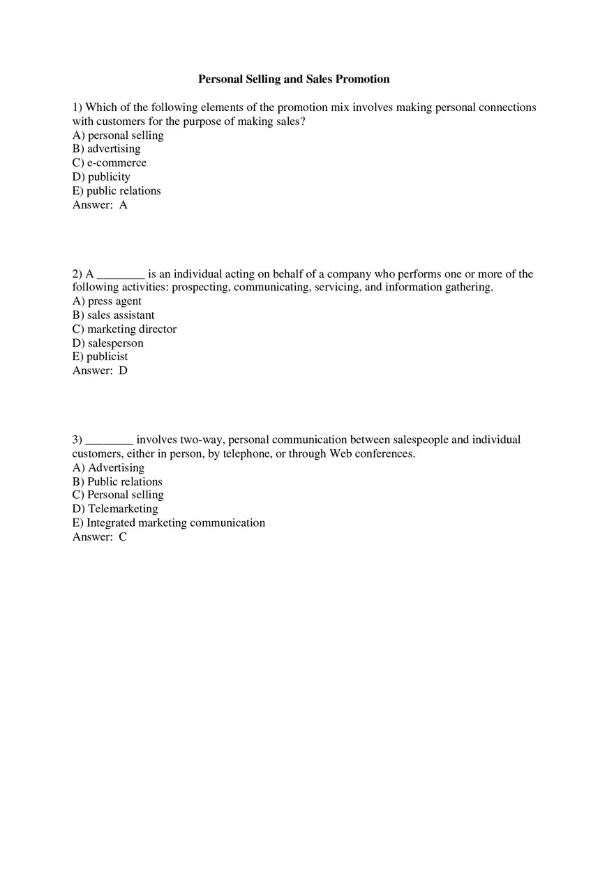 Personal Selling and Sales Promotion with Answers Part 1 - Page 1