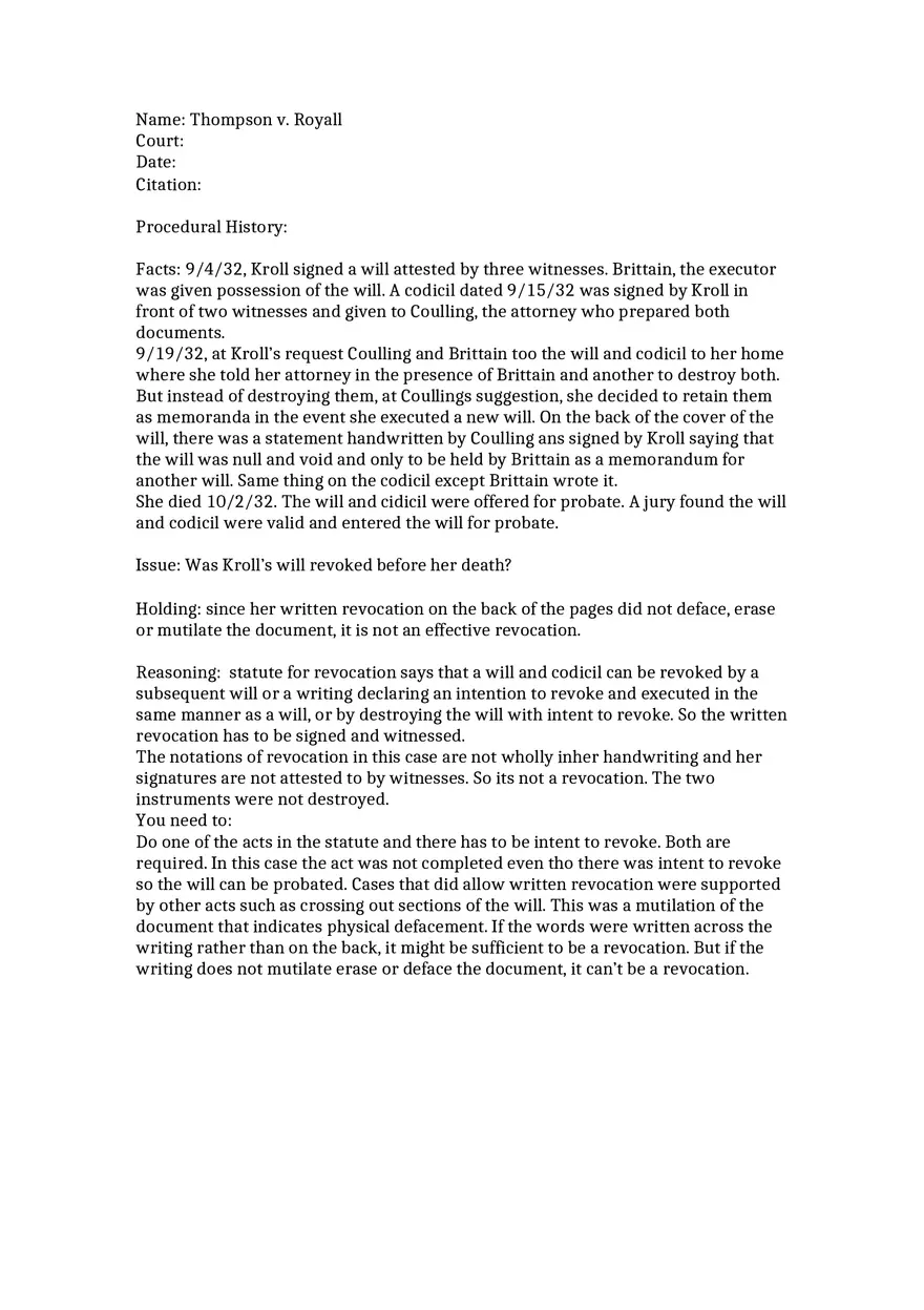 Thompson v. Royall -  Briefs for Trust and Estates - Page 1