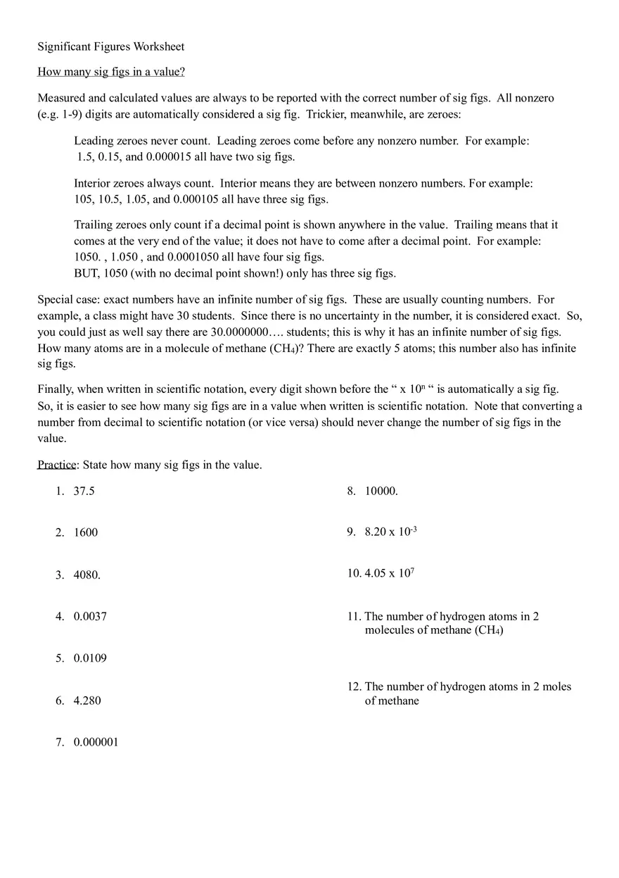 How Many In a Value Significant Figures In a Value Worksheet - Page 1
