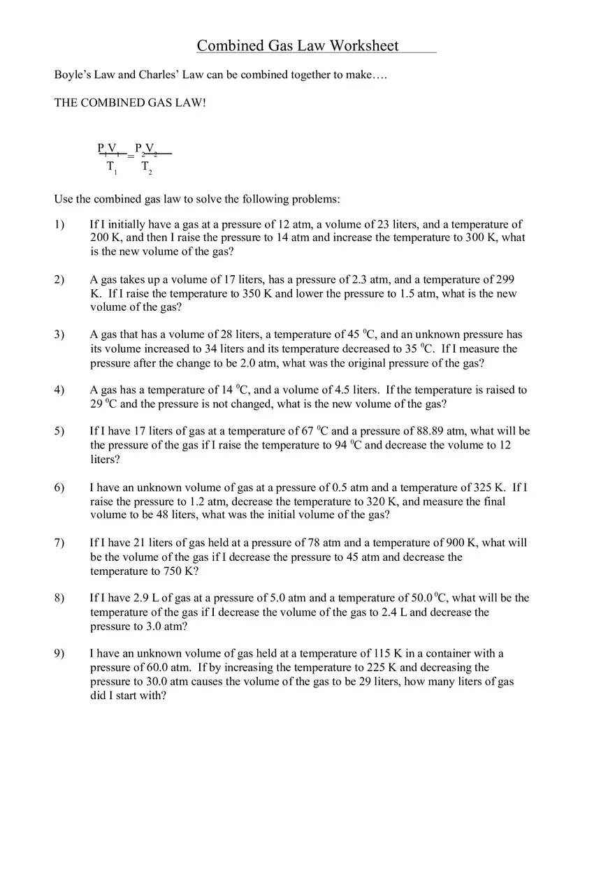 Gas Laws Combined Worksheet Answer Key - Page 1