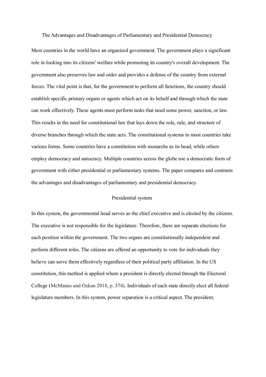 The Advantages and Disadvantages of Parliamentary and Presidential Democracy - Page 1