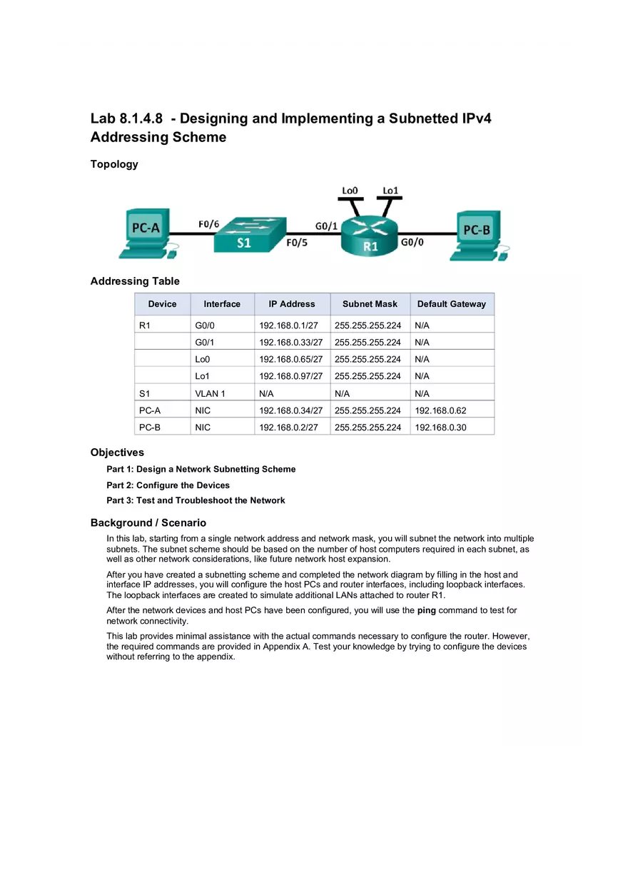 Lab - Designing and Implementing a Subnetted IPv4 Addressing Scheme - Page 1