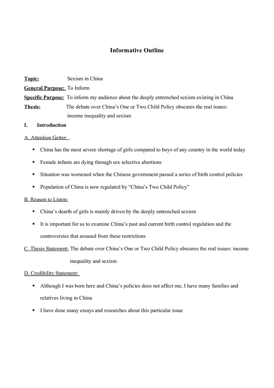 Informative Speech Outline - Sexism in China - Page 1